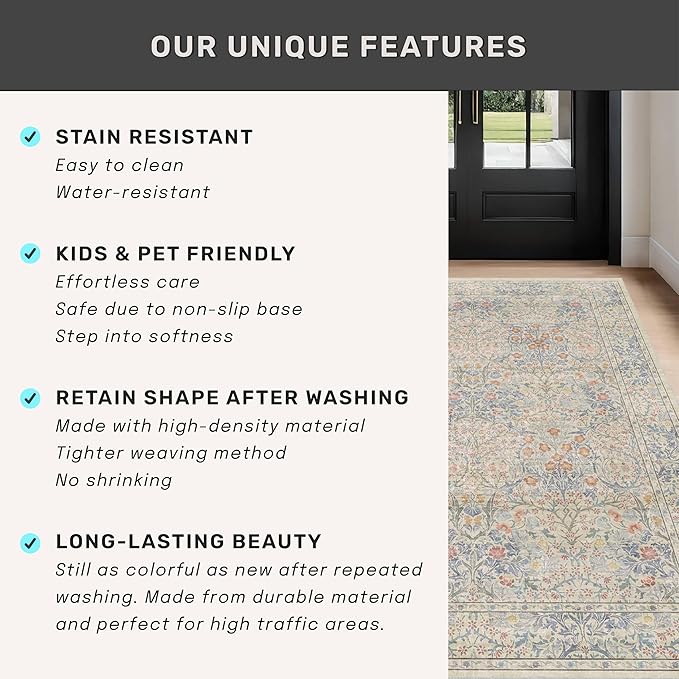 Hazo Haus Non Slip Beige Blue Hallway Runner Rug - Long Runner Rugs 2x7 Washable Kitchen Floor Mat, Laundry Room Rug, Bathroom Runner - Vintage Design Décor