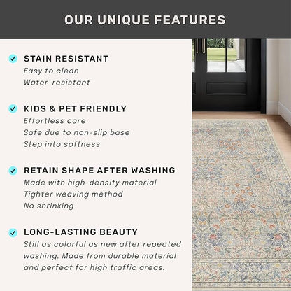 3x5 Washable Area Rug for Bedroom Beside Bed Mat, Large Kitchen, Entryway Rug Indoor - Ultra Soft Vintage Floral Beige Blue Decor Non-Slip Low Pile Stain Resistance