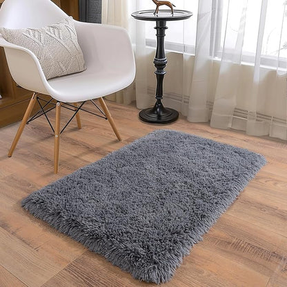 Ultra Soft Runner Rugs for Bedroom Hallways with Upgraded Non-Slip Rubber Backing & Thick Memory Sponge, 2x3 Feet Fluffy Shag Throw Area Rug for Bedside Dorm Dark Grey