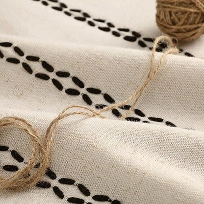 Beige Boho Blackout Curtains 2 Panels 84 Inch for Living Room Bedroom, Linen Texture Farmhouse Curtains with Tassels and Black Cotton Embroidery Vintage Rustic Western Rod Pocket