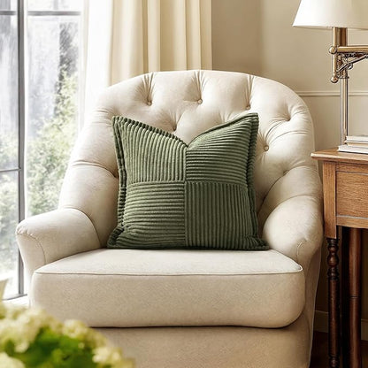 MIULEE Olive Green Corduroy Decorative Euro Sham Pillow Covers 24x24 Inch with Splicing Set of 2 Soft Boho Pillow Covers Broadside Textured Summer Pillowcases for Couch Bed Livingroom