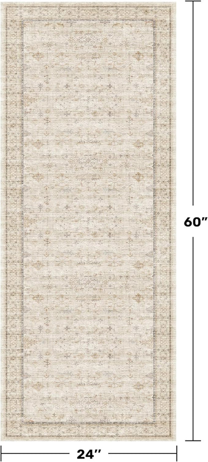 Cream 2x5 Runner Rugs for Bathroom Floor, Geometric Floral Throw Rugs Washable for Entryway, Kitchen, Bedroom, Laundry Room Beige Farmhouse Modern Neutral Home Décor, Low Pile Soft Non Slip Carpet