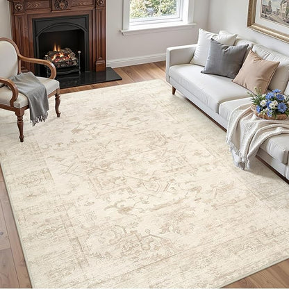 5x7 Area Rugs for Living Room: Vintage Boho Neutral Washable Rug Indoor Soft Large Area Rug Carpet for Bedroom Nursery Farmhouse Dining Room Office Floor Non-Slip Low Pile Under Table Rug Beige/Brown