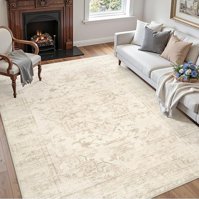 6x9 Area Rugs for Living Room: Vintage Boho Neutral Washable Rug Indoor Soft Large Area Rug Carpet for Bedroom Nursery Farmhouse Dining Room Office Floor Non-Slip Low Pile Under Table Rug Beige/Brown