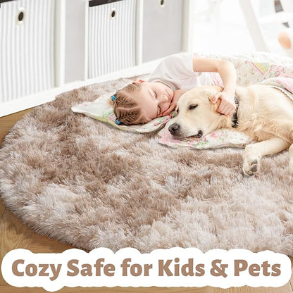 Amdrebio Tie-Dyed Beige Tan Round Area Rug 4Ft for Bedroom, Fluffy Plush Shag Furry Circle Rugs for Kids Room, Living Room Decor Aesthetic, Cute Fuzzy Neutral Carpet for Baby Nursery Playroom Dorm