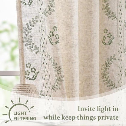 jinchan Belrose Linen Floral Cafe Curtains 45 Inch Length Embroidered Farmhouse Curtains for Kitchen Bedroom Bathroom Small Windows Curtain Set Light Filtering 2 Panels Sage Green