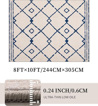 YIHOUSE Boho Rugs for Living Room, 8x10 Western Beige and Blue Area Rug, Moroccan Geometric Soft Low-Pile Washable Rugs for Bedroom, Dining Room