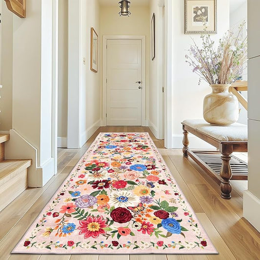 Rug for Hallways Kitchen Rug 3x7, Non Slip Washable Rugs with Rubber Backing Soft Floral Carpet Runner for Hallways, Kitchen, Laundry, Bedroom, Bathroom(3 x 7, Beige Garden)