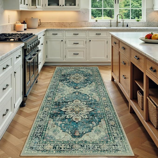 Area Rugs 3'x8' Runner Rug Non Slip Washable for Kitchen Hallway Bedroom Beside Laundry Room Bathroom Rug, Floor Carpet, Dark Blue Vintage