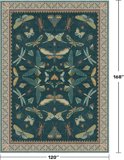 Hazo Haus Teal Green Living Room Rugs - 10x14 Large Area Rug for Dining Room, Big Bedroom, Playroom Kids, Foldable Insect Décor
