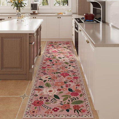 Rugcomf Long Hallway Runner Rug 2'7"x14' - Floral Washable Non Slip Boho Carpet for Kitchen, Entryway, Hall, Bathroom - Pink