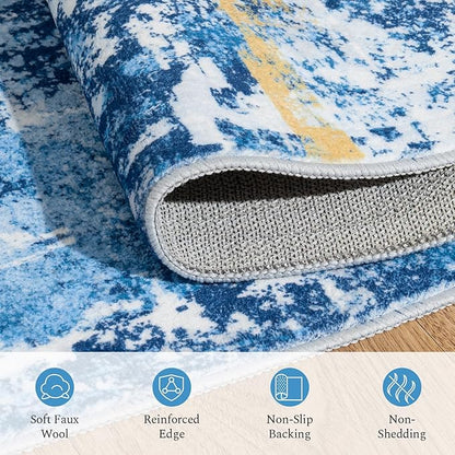 Rugflix 5x7 Area Rugs for Living Room, Washable Large Rug Stain-Resistant Low Pile, Modern Carpet for Dining Room Home Office Kid Room Nursery Bedroom, Blue Gold