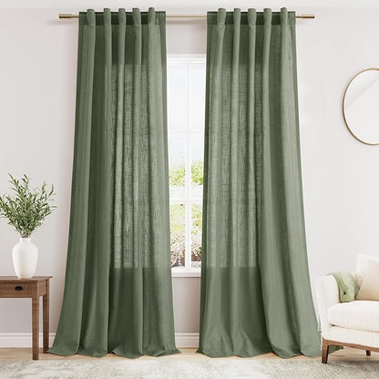 Olive Green Linen Textured 96 Inch Curtains 2 Panel Set Back Tab Rod Pocket Sheer Light Filtering Boho Room Decor Aesthetic Curtains Burlap Look Curtain Drapes for Living Room Bedroom 40x96 Inch