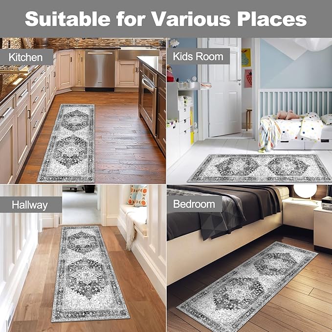 Yamaziot Washable Runner Rug, 2x5 Non-Slip Boho Vintage Hallway Rug Runner with Rubber Backing, Stain Resistant & Low Pile Faux Wool Distressed Carpet Runner for Bedroom, Kitchen, Laundry, Entrance