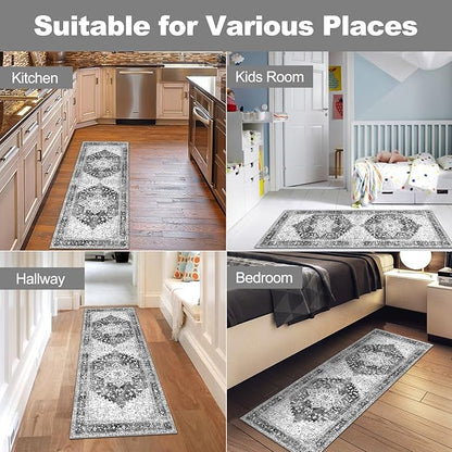 Yamaziot Washable Runner Rug, 2x5 Non-Slip Boho Vintage Hallway Rug Runner with Rubber Backing, Stain Resistant & Low Pile Faux Wool Distressed Carpet Runner for Bedroom, Kitchen, Laundry, Entrance