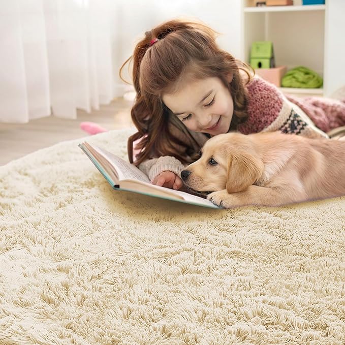 OLANLY Cream Round Rugs for Bedroom - Machine Washable, 8 ft Circle Area Rugs for Living Room, Soft and Fluffy Shaggy Carpet for Teen Girl and Boys, Nursery Rooms, Dorms, Home Decor Aesthetic