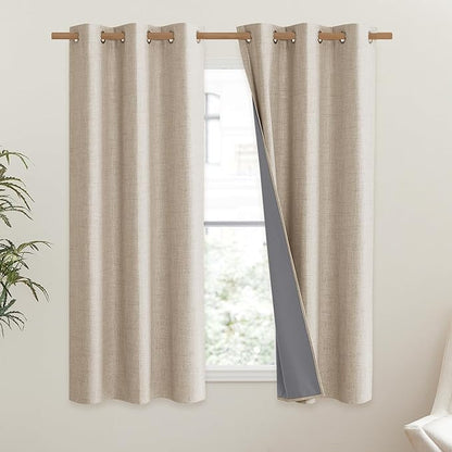NICETOWN Cream Thick Linen Blend 100% Blackout Curtains 63" Long 2 Panels Set for Bedroom, 42" Wide, Rustic Grommet Thermal Insulated Flax Textured Full Blackout Window Draperies with Grey Liners
