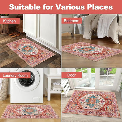 Yamaziot Washable Area Rug, 2x3 Small Entryway Rug Non-Slip Boho Vintage Rug with Rubber Backing, Low Pile Faux Wool Distressed Floor Carpet for Indoor Door Mat, Kitchen, Laundry (Pink)