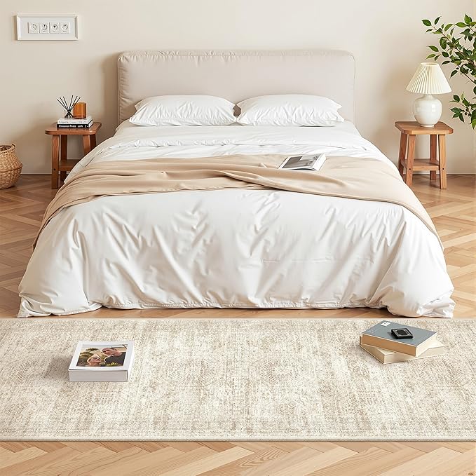 2x5 Rug Runner Washable for Entryway, Soft Bathroom Rugs with Non-Slip Backing, Abstract Low Pile Hallway Runner, Vintage Small Kitchen Carpet for Stair, Laundry Room(2'x5', Beige/Ivory)