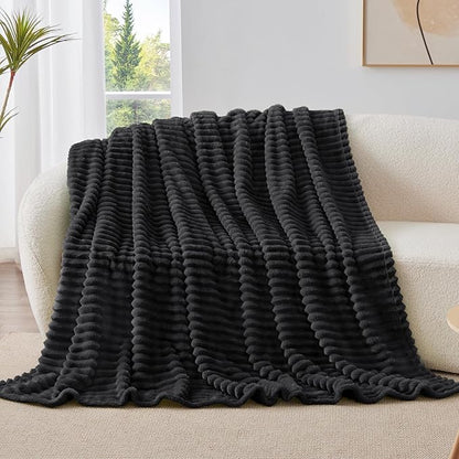 BEDELITE Fleece Black Throw Blanket for Couch - 300GSM Soft & Warm Fluffy Black Blanket, Decorative and Giftable Striped Blankets for Women, Men, 50"x60"