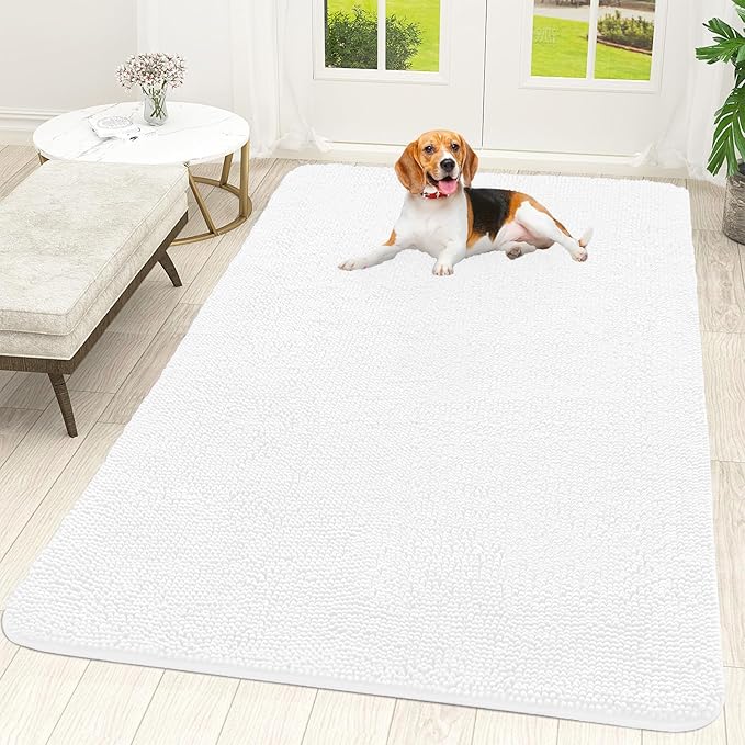 OLANLY Dog Door Mat for Muddy Paws 70x46, Absorbs Moisture and Dirt, Absorbent Non-Slip Washable Doormat, Quick Dry Chenille Mud Mat for Dogs, Entry Indoor Entryway Carpet for Inside Floor, White