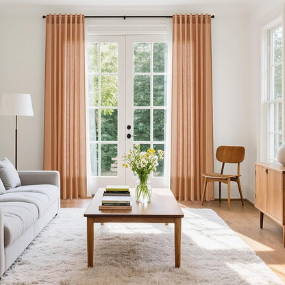 Nanspring Peach Quartz Linen Curtains 120 Inch Length 2 Panel Set Back Tab Loop Pocket Light Filtering Semi Sheer Boho Decor Curtains Extra Long for High Ceiling Living Room and Large Window 52x120