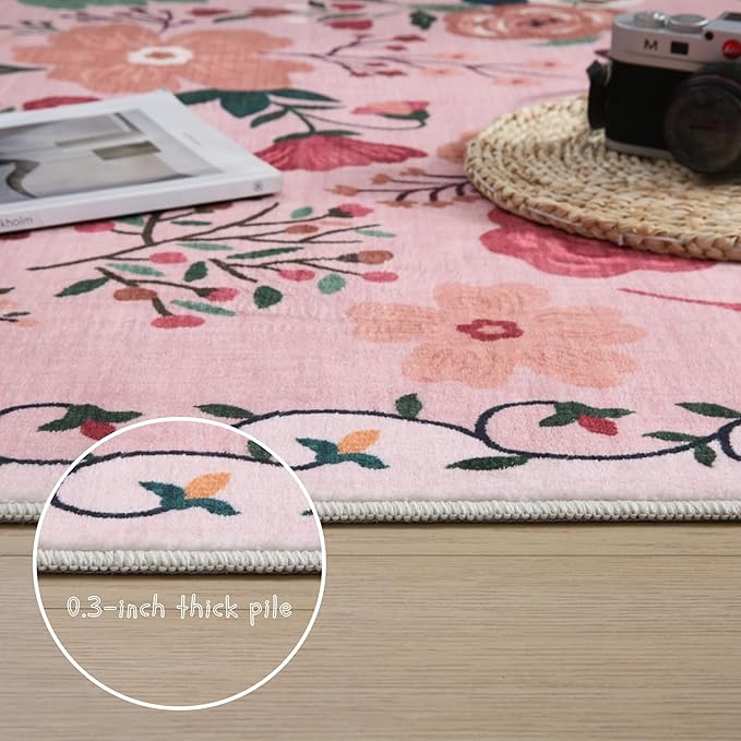 Rugcomf Door Mat Indoor Entrance 2x3 Rug Machine Washable Boho Floral Small Area Rug Non-Slip Low Pile Throw Rugs for Entryway, Kitchen, Front Door Indoor Entrance, Entry, Kids Room (Pink)