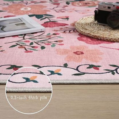 Rugcomf Round Rug 6ft Washable Circle Rug Non Slip Low Pile Boho Floral Small Circular Rug for Bedroom, Bathroom, Entryway, Kids Room, Office, College Dorm(Pink)