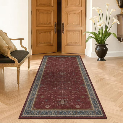 Washable 3x6 Entry Way Rugs Indoor - Burgundy Large Kitchen Rug, Non Slip Unique Bohemian Red Low Pile Thin Carpet for Bedroom Bedside, Foyer