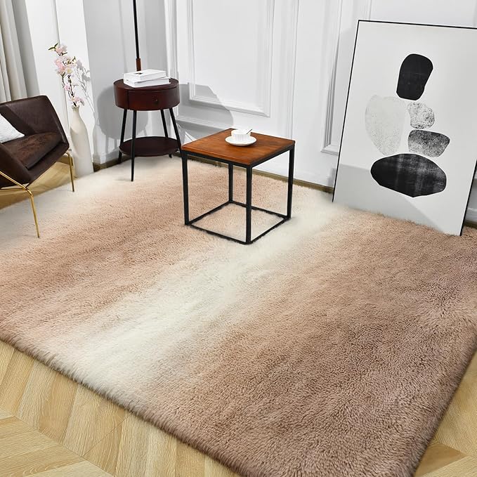 TWINNIS Super Soft Shaggy Rugs Fluffy Carpets, 6x9 Feet, Indoor Modern Plush Area Rugs for Living Room Bedroom Kids Room Nursery Home Decor, Upgrade Anti-Skid Rectangular Fuzzy Rug, Tan White