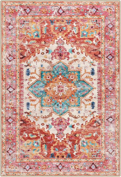 Yamaziot Washable Area Rug, 2x3 Small Entryway Rug Non-Slip Boho Vintage Rug with Rubber Backing, Low Pile Faux Wool Distressed Floor Carpet for Indoor Door Mat, Kitchen, Laundry (Pink)