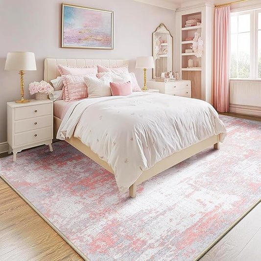 Washable Area Rugs 5'x7' Non-Slip Modern Abstract Soft for Living Room Entryway Bedroom Nursery, Print Pattern, Grey Pink