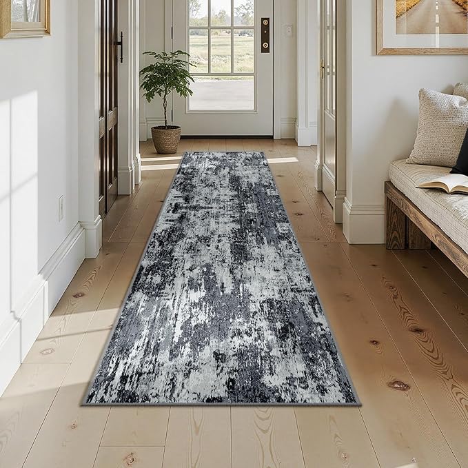 Washable Area Rugs 2x9 Non-Slip Modern Abstract Soft for Living Room Entryway Bedroom Nursery, Print Pattern, Black Navy Blue Gray