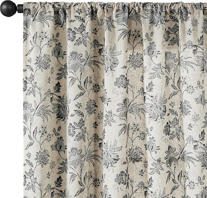 jinchan Linen Floral Curtains for Living Room with Printed Flower 96 Inches Long Light Filtering French Country Back Tab Rod Pocket Black Window Curtain Set Farmhouse Drapes 2 Panels Black