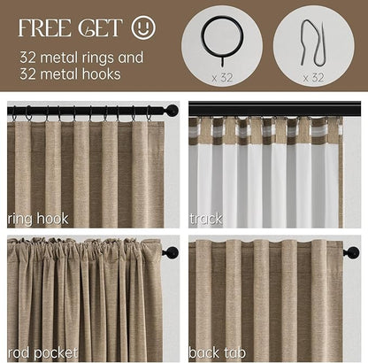 Topfinel Taupe Burlap Linen Blackout Curtains & Drapes 84 Inch Length 2 Panels Set, Flax Linen Brown Tan Beige Room Darkening Soundproof Cabin Curtains with Hooks Rings for Bedroom Living Room