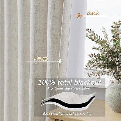 Guken 63 Inch Long Boho Blackout Curtains 100% Black Out Linen Curtain 2 Panels Set, Thermal Insulated Country Window Drapes for Living Room Bedroom Room Darkening Back Tab Rod Pocket, 52x63