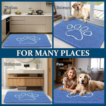 OLANLY Dog Door Mat for Muddy Paws 30x20, Paw Print Design, Absorbs Moisture and Dirt, Absorbent Non-Slip Washable Doormat, Quick Dry Chenille Mud Mat, Entry Indoor Entryway Carpet, Cornflower Blue