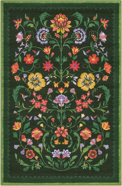 GarveeHome Protea Floral Rug for Entryway 2x3 Rugs Machine Washable Boho Small Area Rug Non-Slip Low-Pile Front Door Soft Mat for Entrance, Bedroom, Kitchen, Laundry, Bathroom, Forest Green