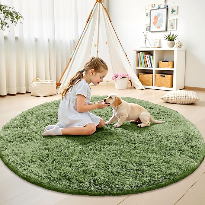 OLANLY Green Round Rugs for Bedroom - Machine Washable, 5 ft Circle Area Rugs for Living Room, Soft and Fluffy Shaggy Carpet for Teen Girl and Boys, Nursery Rooms, Dorms, Home Decor Aesthetic