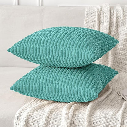 MIULEE Pack of 2 Corduroy Decorative Throw Pillow Covers 18x18 Inch Soft Boho Striped Pillow Covers Modern Farmhouse Home Decor for Summer Sofa Living Room Couch Bed Aqua Green