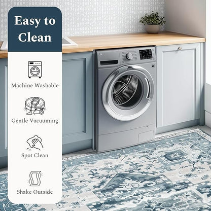 Rugflix 6x9 Area Rug for Living Room, Machine Washable Area Rugs with Non-Slip Backing, Large Soft Boho Vintage Rug for Bedroom, Dining Room, Low Pile Carpet, Kids Pet Friendly, Blue