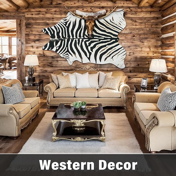 AROGAN Western Faux Fur Zebra Rug, 6.2x7 Feet Premium Animal Skin Print Rug, Sturdy Faux Zebra Hide Rugs for Wall Decor, Western Floor Carpet for Bedroom Living Room, Black and White