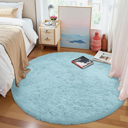 OLANLY Light Blue Round Rugs for Bedroom - Machine Washable, 4 ft Circle Area Rugs for Living Room, Soft and Fluffy Shaggy Carpet for Teen Girl and Boys, Nursery Rooms, Dorms, Home Decor Aesthetic