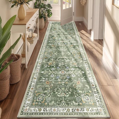 Yamaziot Washable Runner Rug 3x10 – Large Floral Non Slip Boho Hallway Runner Rug with Rubber Backing, Low Pile Faux Wool Distressed Carpet for Kitchen, Laundry, Bedroom, Entrance, Green