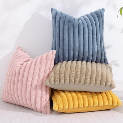 decorUhome Cozy Faux Fur Throw Pillow Covers 16x16 Set of 2 Decorative Soft Plush Striped Modern Farmhouse Boho Couch Pillow Cases with Velvet Back for Sofa Bed Living Room, Grey Blue