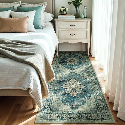 Area Rugs 3'x8' Runner Rug Non Slip Washable for Kitchen Hallway Bedroom Beside Laundry Room Bathroom Rug, Floor Carpet, Dark Blue Vintage