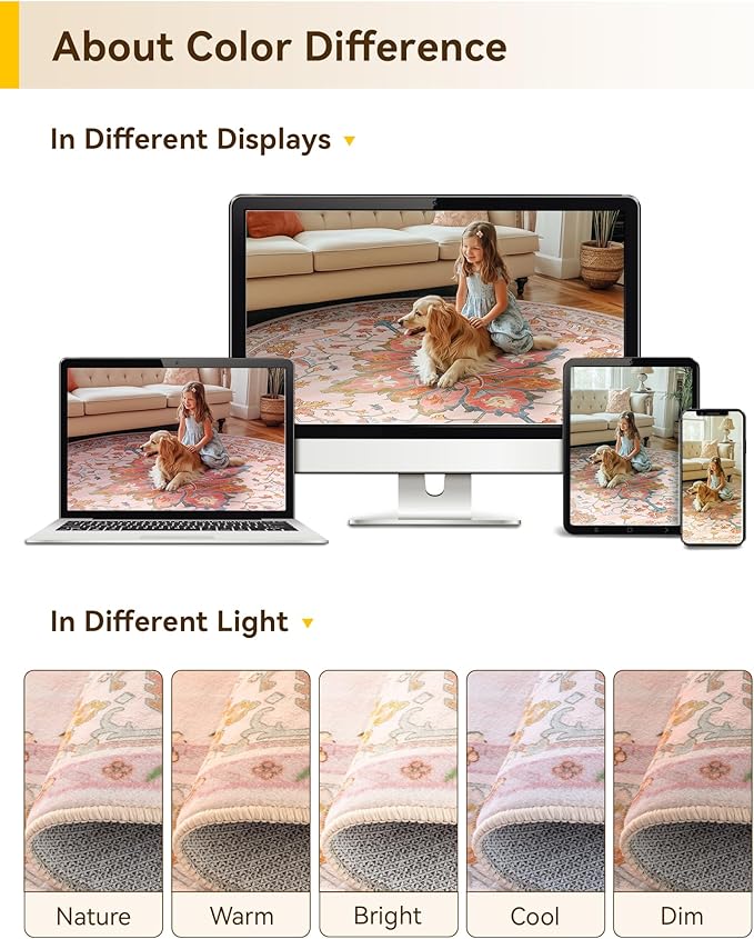 RELEANY Area Rugs 4ft Washable Non-Slip, Floral Vintage Distress Print Pattern Medallion Carpet for Living Room Bedroom Dining Room, Light Pink Colorful