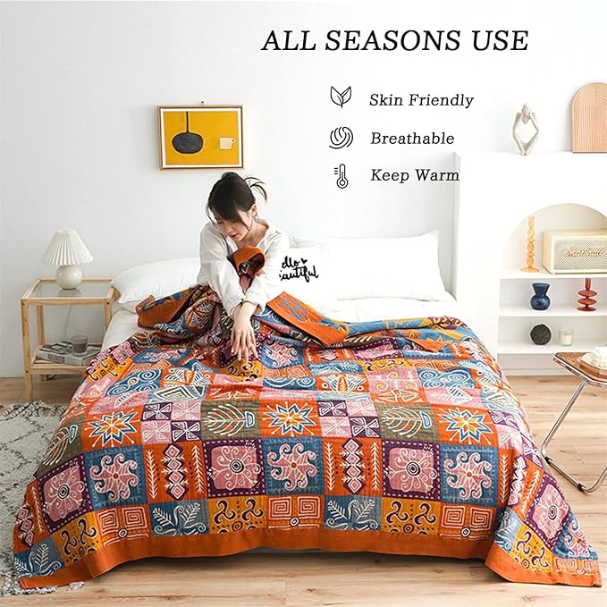 MSGKV Boho Throw Blanket 90''x98'' 100% Cotton Spring Blanket for Couch Bed, Muslin Bed Quilts Home Decor Gift for All Seasons