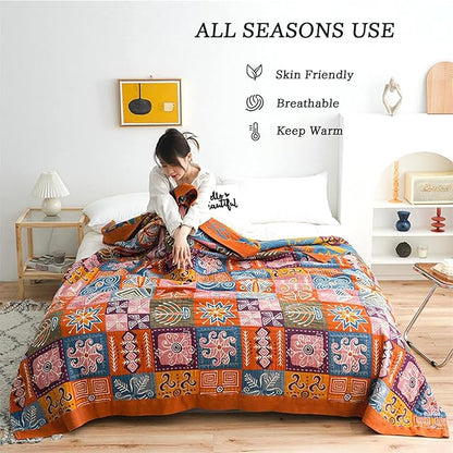 MSGKV Boho Throw Blanket 90''x98'' 100% Cotton Spring Blanket for Couch Bed, Muslin Bed Quilts Home Decor Gift for All Seasons