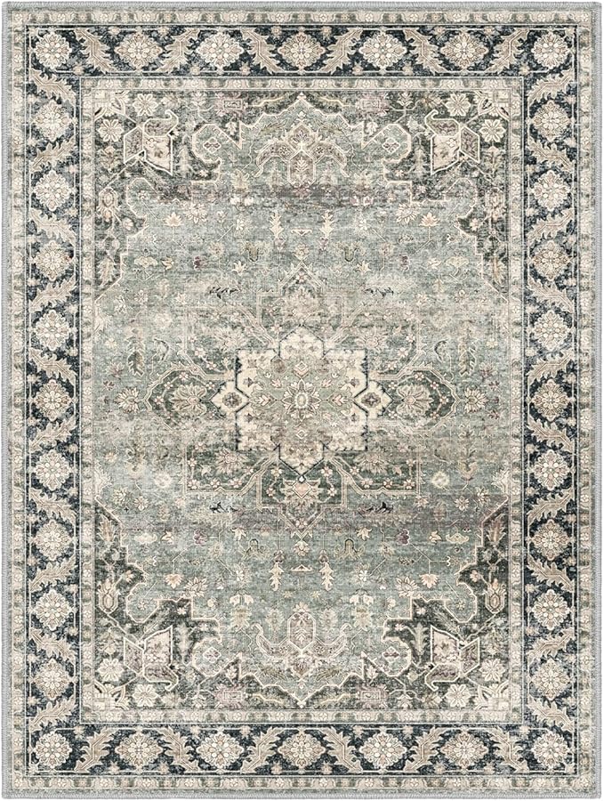 7X9 Area Rugs - 7X9 Washable Area Rug Indoor Vintage Rug Print Rug Low-Pile Floor Carpet for Living Room, Bedroom (Olive Charcoal/Yellow/Tan)